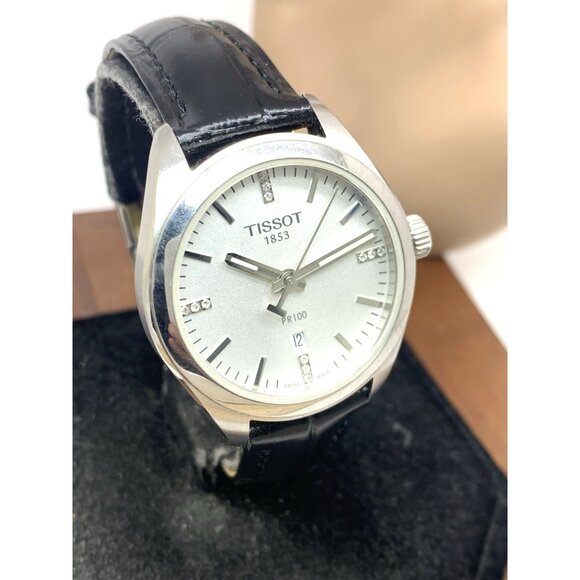 Tissot Women's Watch PR100 Swiss Quartz Diamond Silver Dial Black Leather 33mm - Picture 12 of 13
